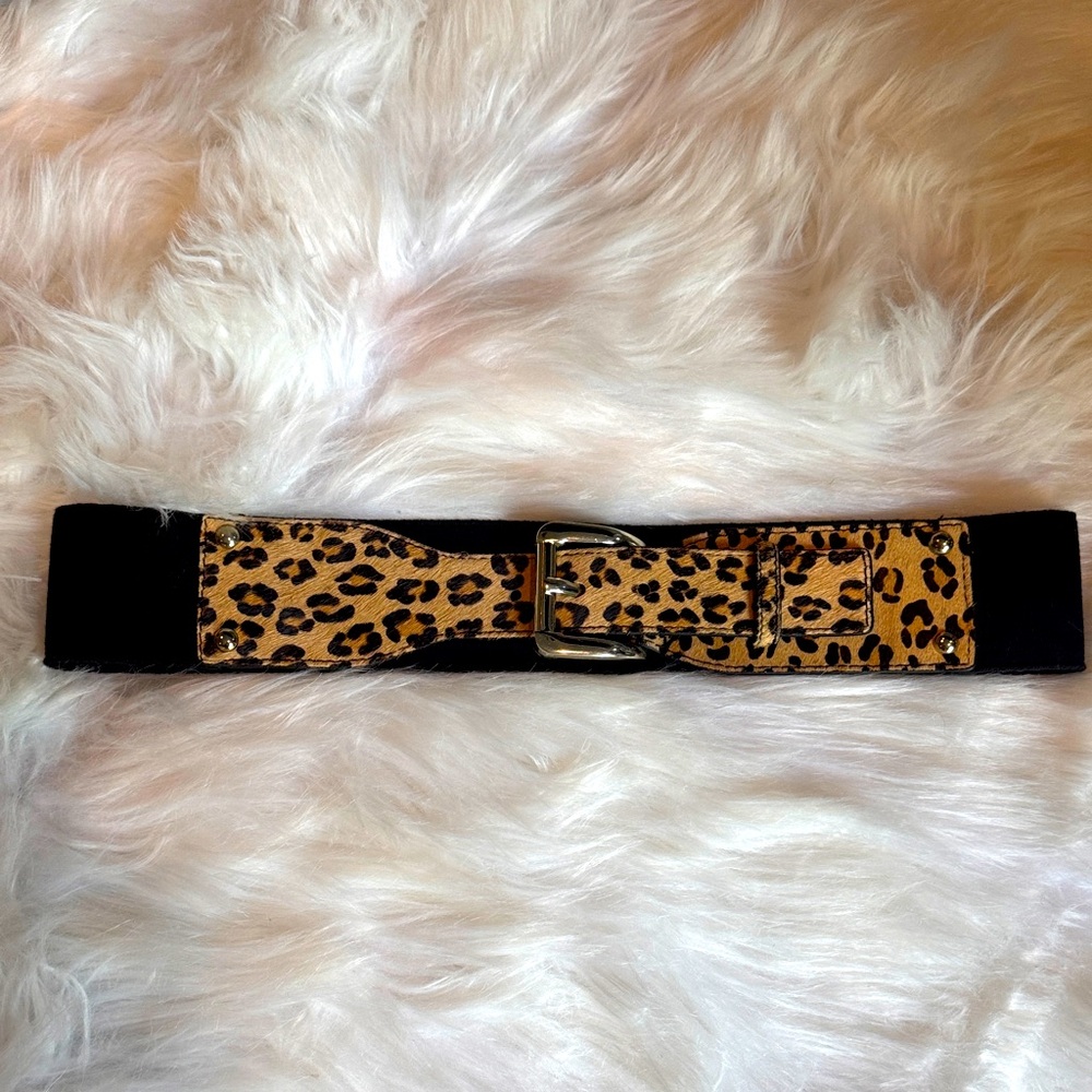 Chic Vintage EXPRESS Belt Leopard Stretch Belt Silver Buckle Sz M/L Black